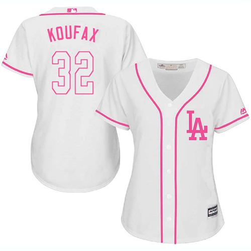 Dodgers #32 Sandy Koufax White/Pink Fashion Women's Stitched MLB Jersey - Click Image to Close